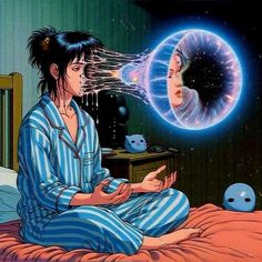 a woman in pajamas sitting on a bed with an eyeball coming out of her mouth