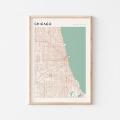 a framed map of chicago on a wall