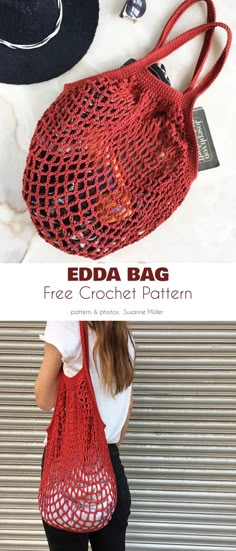 a woman carrying a red crochet bag with the words edda bag free crochet pattern