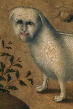 a painting of a white monkey standing next to a tree