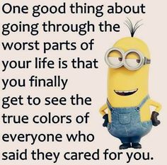 a minion with glasses and overalls standing in front of a quote that says, one good thing about going through the worst parts of your life is that you finally get to see