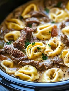 a bowl filled with beef and tortellini soup