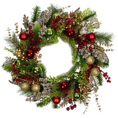 a christmas wreath with ornaments and greenery is shown in red, green and silver