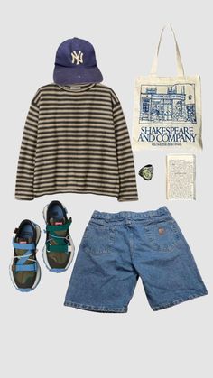 an assortment of clothing and accessories including shoes, tote bag, hat, sunglasses