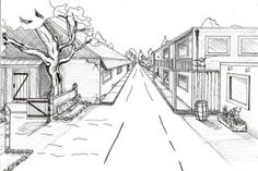 a pencil drawing of a street with houses on the side and trees in the background