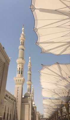 an outdoor area with many white umbrellas and buildings in the background