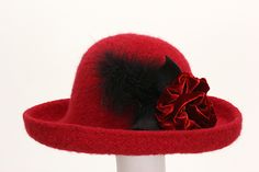 Brimmed Hat with Flower in Red: Tess McGuire: Felted Hat - Artful Home Party Fedora Hat In Felt, Wool Felt Hat For Kentucky Derby, Elegant Felt Hat For Fall, Elegant Felt Mini Hat With Short Brim, Formal Felt Hat For Kentucky Derby, Elegant Felt Fedora For Formal Occasions, Brimmed Felt Hat For Parties, Elegant Felt Cloche Hat For Fall, Elegant Wool Mini Hats