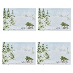 four placemats with trees and animals on them in the snow, set of 4