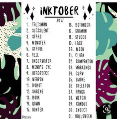 the inktober calendar is displayed on a black and white background