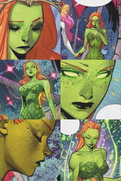 an image of the inside of a comic book with green and red hair, as well as