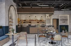 the interior of a restaurant with tables and chairs