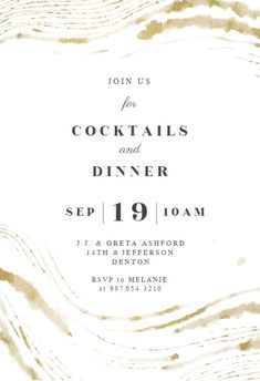 a white and gold wedding card with the words cocktails and dinner written in black