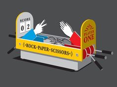 a cartoon image of someone in a paper scissor machine with the word rock paper scissors on it