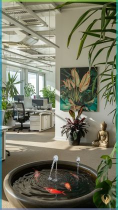 an office with a fountain and plants in the center, surrounded by potted plants