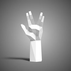 a white paper hand with two fingers raised up on a gray background in low polygonics