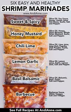 six different types of shrimp and marinades in bags on a white background with text overlay