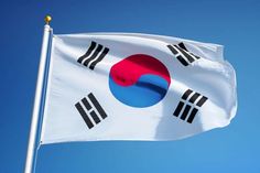 the flag of south korea flies high in the blue sky