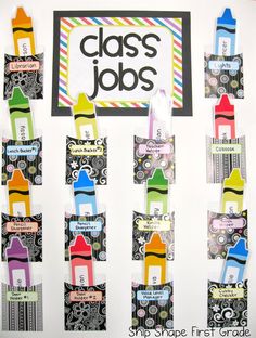 colorful crayons are arranged on the side of a bulletin board that says class jobs