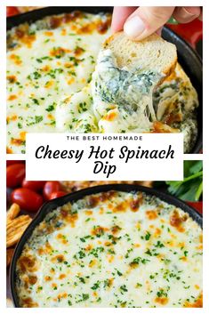 the best homemade cheesy hot spinach dip in a cast iron skillet