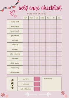 a self care checklist with pink flowers and hearts