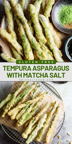 an image of tempura asparagus with matcha salt on the side