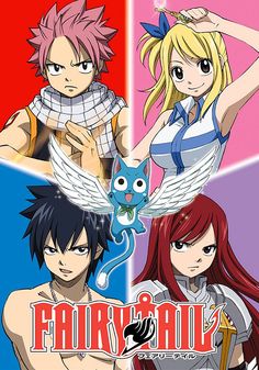 four anime characters with different colors and hair, one has an owl on his shoulder