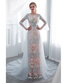 Buy Different Colorful Flower Lace Long Party Dress With Sleeves at affordable price online. Free shipping and pro custom service since 2009. Court Train Prom Dress, Long Sleeve Bridal Dresses, Party Dresses With Sleeves, Prom Dress With Train, Court Train Wedding Dress, Wedding Dresses With Flowers, Long Sleeve Prom, Applique Wedding, Wedding Dress Train