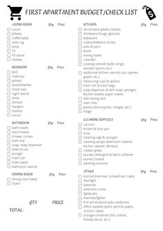 the printable checklist for first apartment budget checklist is shown in black and white