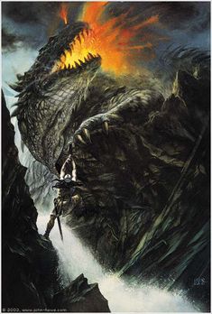 a painting of a dragon attacking a man on top of a mountain with fire coming out of its mouth