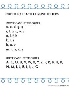 an order to teach cursive letters is shown in the upper case letter order