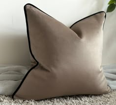 a brown pillow sitting on top of a white rug next to a plant in a vase