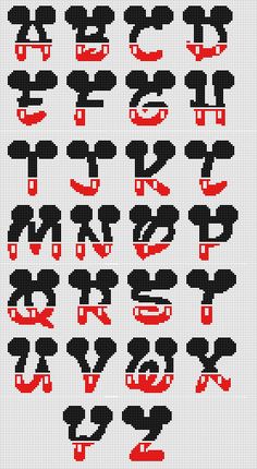 cross stitch alphabets with red and black letters on white background, all in the same pattern