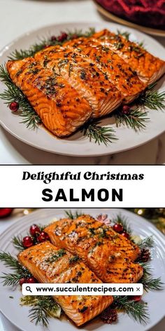 two plates with salmon on them and the words, delightful christmas salmon