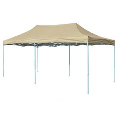 a large beige tent with blue poles on the top and sidewalls, set against a white background