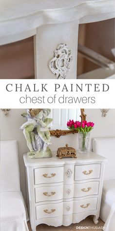 a white painted dresser with flowers on top and the words chalk painted chest of drawers above it