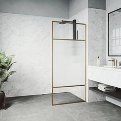 a bathroom with marble walls and flooring is pictured in this image, there is a plant next to the shower