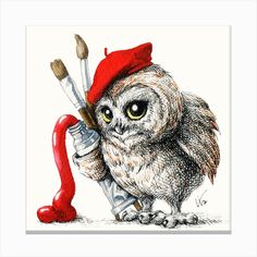 an owl wearing a santa hat holding paintbrushes and a red object in it's hand