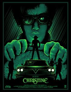 a movie poster for the film chrstine with an image of a man holding a car