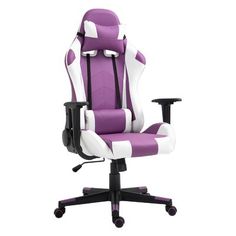 a purple and white office chair with wheels