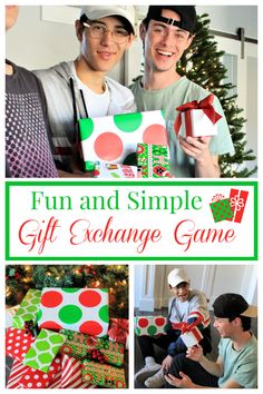 two men holding presents and smiling for the camera with text overlay that reads fun and simple gift exchange game