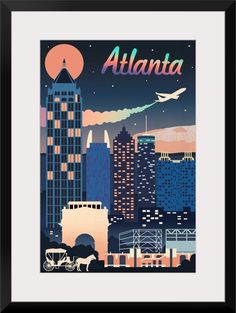 the atlanta skyline at night with an airplane flying over it and buildings in the background