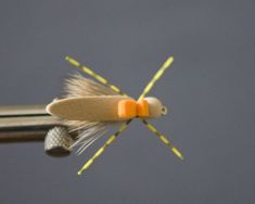 an orange and yellow bug on top of a metal rod with two small antennae attached to it