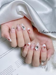 Add a playful yet elegant touch to your holidays with these cherry, bow, and sparkle-adorned nails, perfect for a cheerful winter look! ❄️✨

#HolidayNails #FestiveNails #CherryNails #BowNails #WinterNails #ElegantNails #SparklyNails #ChicNails #PinterestNails #Xiaohongshu Bow Nail Art, Bow Nail, Cherry Nails, Festival Nails