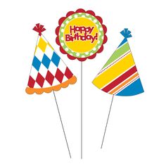 three party hats on top of each other with the words happy birthday written in it