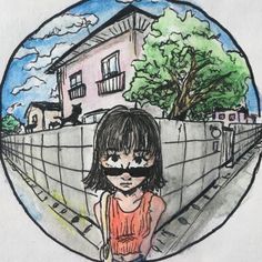 a drawing of a girl with sunglasses and a house in the background is drawn on paper