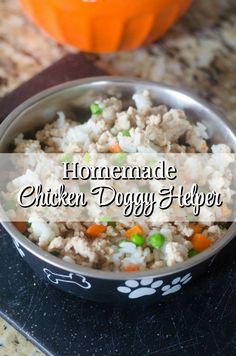 homemade chicken doggy helper recipe in a bowl next to an orange pumpkin on the table