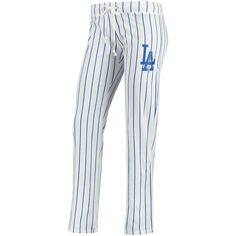 the los angeles dodgers baseball pants are white and blue pinstripe with an la logo on it