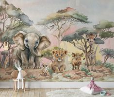 an elephant, giraffes and other animals are in this children's room