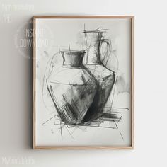 a black and white drawing of two vases on a wall above a framed art print