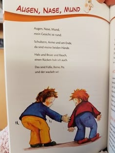 an open children's book with illustrations of two boys holding hands and touching each other